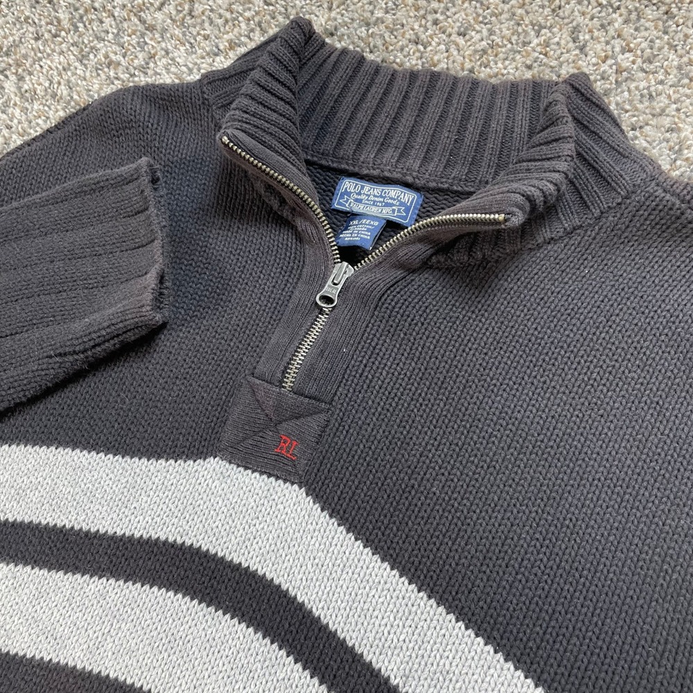 Polo Jeans Co Ralph Lauren Men's XXL 1/4 Zip Sweater Black Grey Stripe Cotton